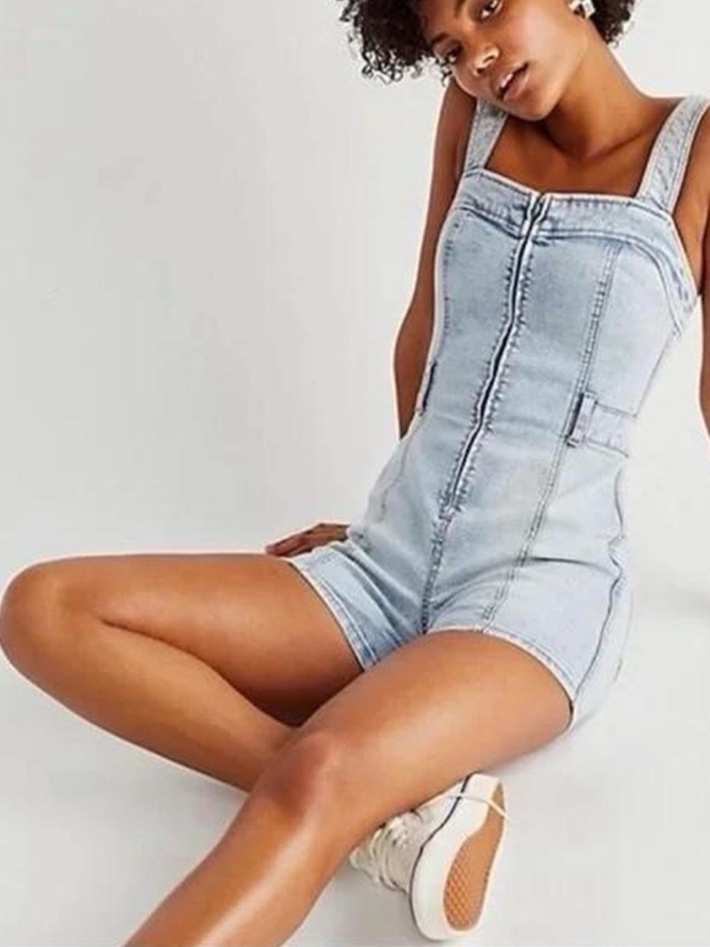 We The Free Light Blue Denim Short Overalls